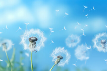Delicate dandelion seeds take flight against a serene French blue backdrop, embodying freedom and lightness AI Generative.