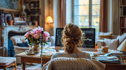 woman sitting in a home office speaking into a 6 inch tall podcast microphone standing on the desk.The home office is decorated in a cozy, pastel, whimiscal style - obrazy, fototapety, plakaty