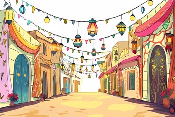 Cartoon cute doodles of a festive Ramadan street decorated with colorful lanterns, banners, and garlands, Generative AI