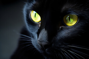 A black cat's piercing green eyes captivate, reflecting mystery and allure, articulated by AI Generative.