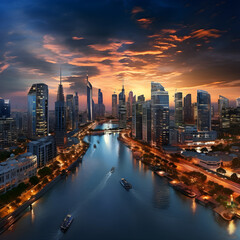 Stunning Twilight Panorama of Modern Cityscape with River Reflection, HD Image