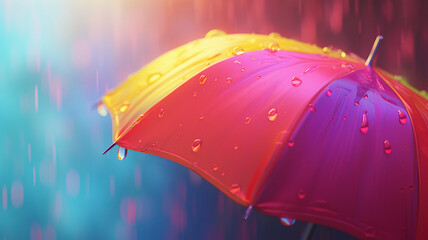 Vividly colored umbrella pops against a backdrop of rain, cinematic AI Generative. - obrazy, fototapety, plakaty