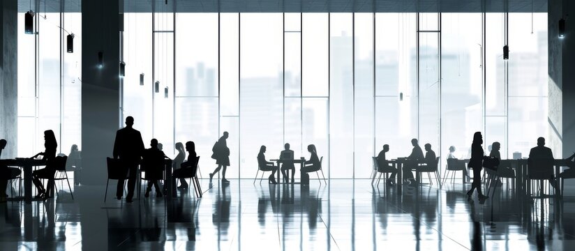 Modern workplace with people in silhouette background