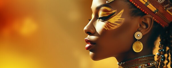 close up portrait of a beautiful African woman with traditional style face painting, panorama golden bokeh background, black model with beauty make up, profile side view