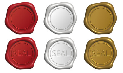 red silver golden wax seal isolated on white