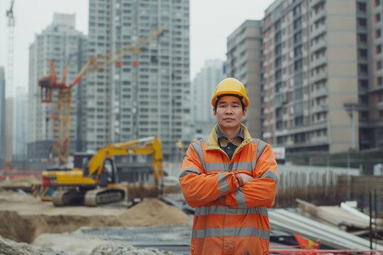 construction worker on the construction site, construction worker with helmet on site, photo of an engineer on construction site
