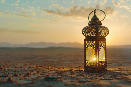 Generative AI Image of Background of Islamic Ramadan Lantern in the Field at Sunrise