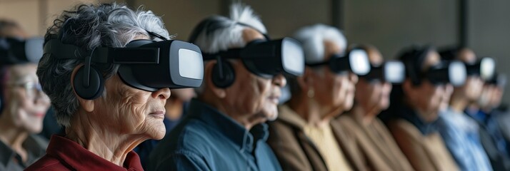 A Group of Seniors Elderly Men and Women from Diverse Ethnicities Wearing VR Headset. Enjoying Virtual Reality Experience. Indoor Background. Horizontal Large Photo Banner (3:1) 