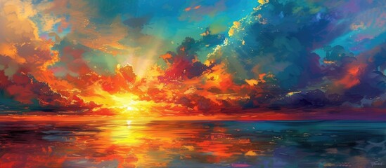 Fototapeta premium A painting capturing the vibrant hues of a sunset casting a warm glow over a peaceful body of water, creating a serene and tranquil scene.