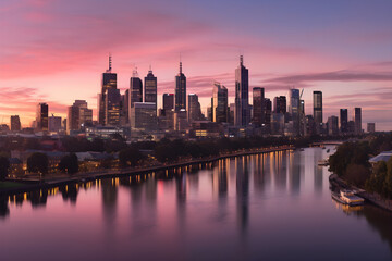 Fototapeta na wymiar Stunning Twilight Panorama of Modern Cityscape with River Reflection, HD Image