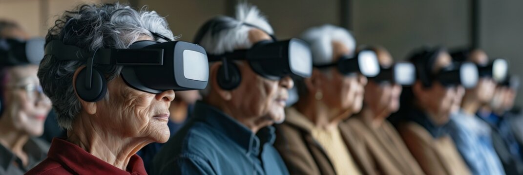 A Group of Seniors Elderly Men and Women from Diverse Ethnicities Wearing VR Headset. Enjoying Virtual Reality Experience. Indoor Background. Horizontal Large Photo Banner (3:1)