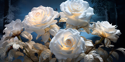 Beautiful White Roses Bloom Against Blue Sky Background