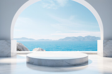 Fototapeta premium white podium circle, sea view background
