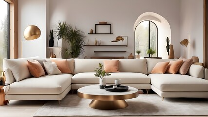 modern living room with sofa, Elevate your interior design game with clever sofa positioning that will make your space truly unique. - obrazy, fototapety, plakaty
