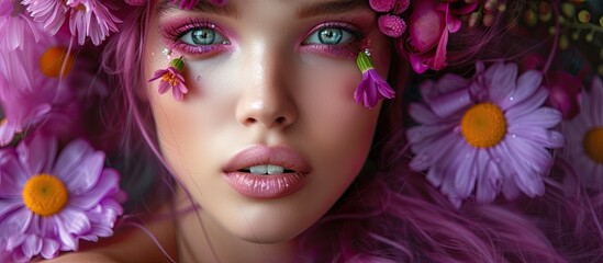 A sexy woman with purple hair, adorned with various flowers in her hair, delicately styled makeup, and captivating satin eyes.