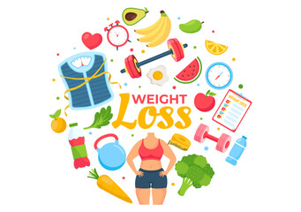 Weight Loss Vector Illustration of Woman Body Transformation Concept with Fitness, Sport, Diet and Healthy Lifestyle in Flat Cartoon Background