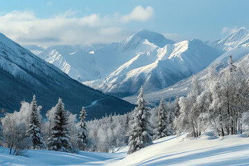 Fototapeta na wymiar Russian Winter Landscape: Mountains Blanketed in Snow