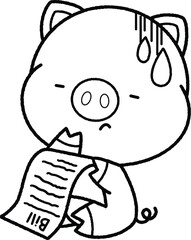 a vector of a cute pig with money related objects in black and white coloring
