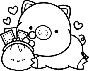 a vector of a cute pig with money related objects in black and white coloring
