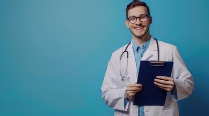 Doctor with Health Records in Hand on Blue Background