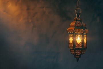 Fototapeta na wymiar Generative AI Image of Golden Islamic Ramadan Lantern Hanging on Dark Wall Background