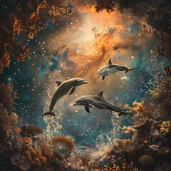 Dolphins leaping over coral reefs illuminated by the cosmic glow of a supernova merging sea with space