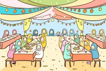 Fototapeta na wymiar Cartoon cute doodles of a community iftar event in a spacious Ramadan tent with long tables and happy faces, Generative AI