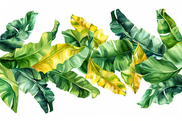 Vibrant watercolor illustration of tropical banana leaves in various shades of green and yellow, ideal for summer or botanical themes