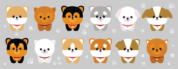 Cute dogs doodle vector set. Cartoon cutie dog or puppy characters design collection with flat color in different poses. Set of funny pet animals isolated on white background. Brown,black,white,gray