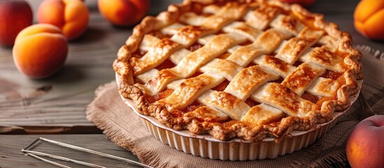 A slice of apricot infused homemade pie sits atop a wooden table in this enticing food photograph.