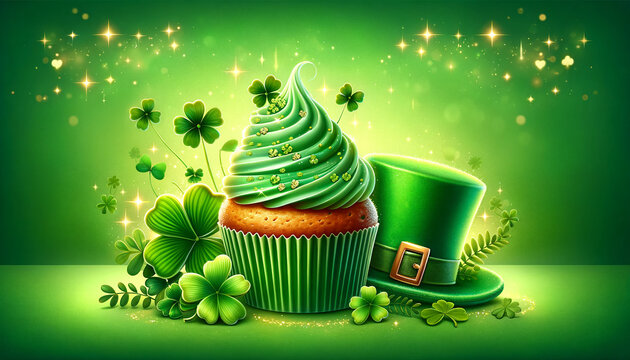 St. Patrick's Day concept image,  a large, green cap muffin, centered and surrounded by lush shamrock leaves. AI generative.