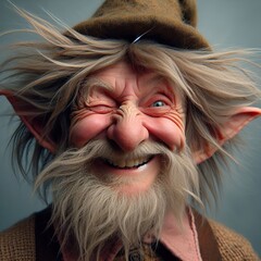 Portrait of an elderly man, wrinkled face, gray hair, uncut hair sticking out in all directions from under a hat, gray beard and mustache, pointed large ears, smiling broadly and winking with one eye, - obrazy, fototapety, plakaty