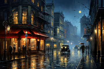 night city street under the rain, rain falls in the city