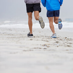 Beach, legs or friends running for fitness, wellness or training outdoor in nature to workout for body health. Ocean, shoes or people together for exercise, cardio or sport with back on mockup space