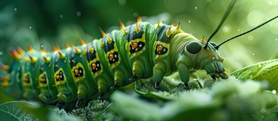 A green and yellow caterpillar is perched on top of a leaf. The caterpillar is stationary, showcasing its vibrant colors against the green backdrop of the leaf.