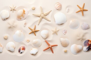 Fototapeta na wymiar Sea shells on a sand background with a Beach theme