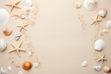Fototapeta na wymiar Sea shells on a sand background with a Beach theme
