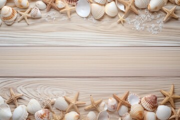 Frame of sea shells arranged around a vintage wooden panel.
