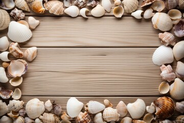 Fototapeta na wymiar Frame of sea shells arranged around a vintage wooden panel.