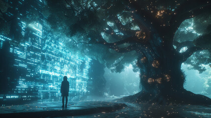 A surreal scene of a holographic forest with trees made of numerical data and leaves composed of different currencies. In the center a person stands interacting with various