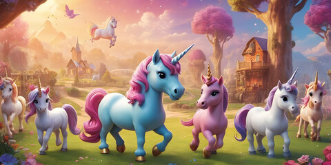 cartoon unicorn characters friends together for children friendship and play time happy joy as wide...