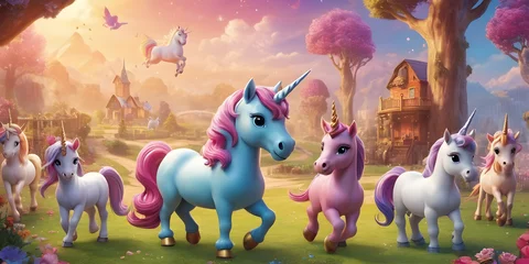 Fotobehang cartoon unicorn characters friends together for children friendship and play time happy joy as wide banner or poster for daycare and kindergarten and kids bedroom  © EA Studio