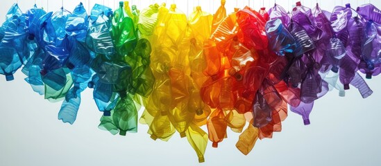 A vibrant display of crumpled disposable plastic bottles forming a rainbow of ribbons hanging from a string.