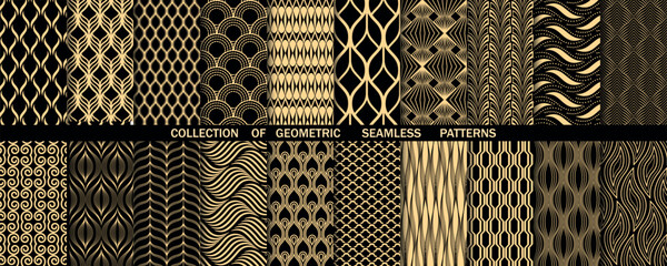 Geometric set of seamless gold and black patterns. Simple vector graphics