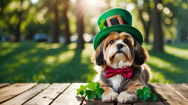 Cute Dog with St. Patrick's Hat on park background