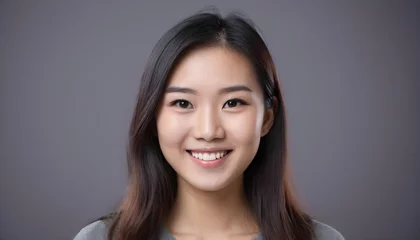 Poster Portrait of a Cheerful Asian young woman, girl. close-up. smiling. clean background. Healthy skin. Studio. © Gia