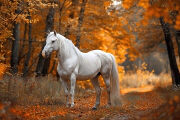 Obraz na płótnie Canvas Portrait of beautiful white horse in autumn