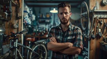 Portrait, serious and repair man in bicycle shop with arms crossed in workshop.