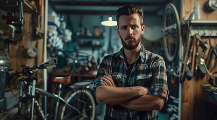 Fototapeta premium Portrait, serious and repair man in bicycle shop with arms crossed in workshop.