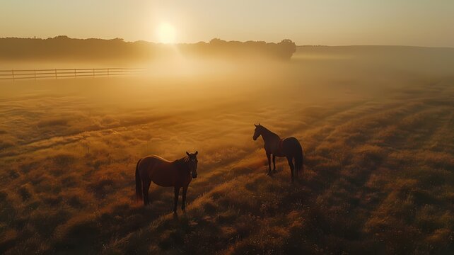 Horses are walking freely on the green meadow at sunset.